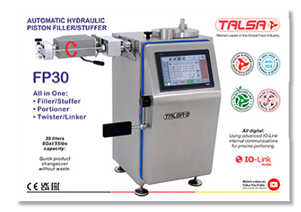 An advertisement for a machine called automatic hydraulic piston filler stuffer fp30