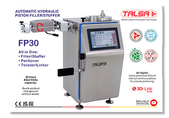 An advertisement for a machine called automatic hydraulic piston filler stuffer fp30