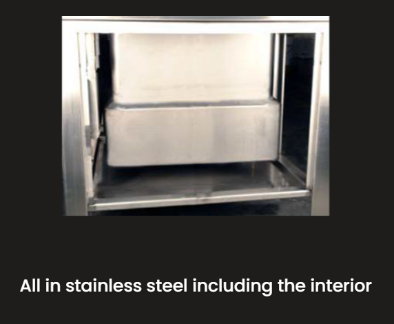 A picture of a stainless steel cabinet with the words all in stainless steel including the interior