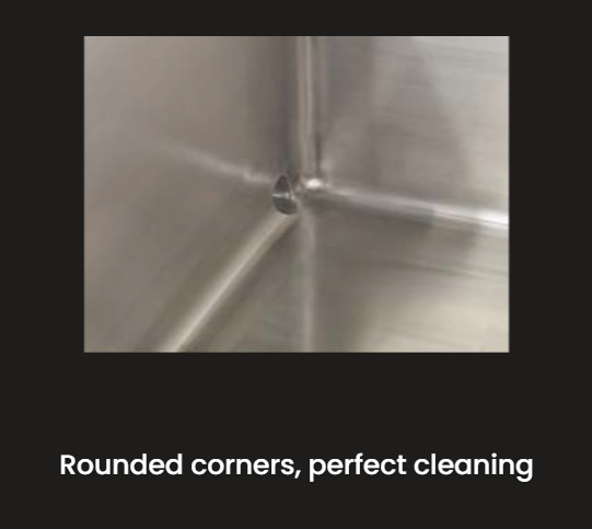 A picture of a stainless steel surface with rounded corners perfect cleaning