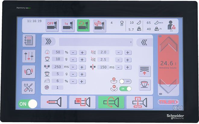 A schneider brand touchscreen display with buttons and icons