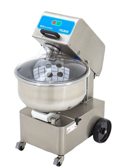A stainless steel mixer with wheels on a white background