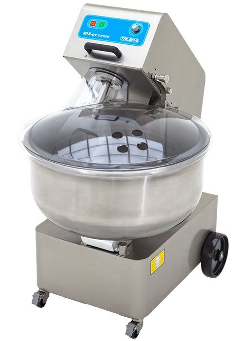 A stainless steel mixer with wheels and a clear lid