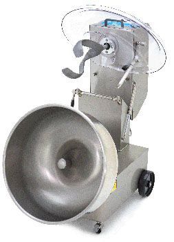 A stainless steel mixer with wheels and a large bowl on a white background.