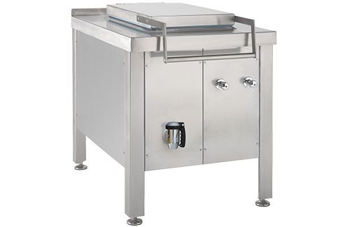 A stainless steel stove with a door and a handle on a white background.