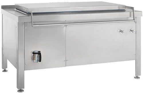 A large stainless steel cabinet with a stove top oven on top of it.