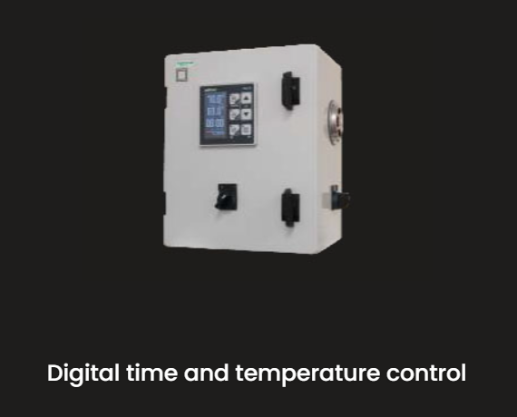 A digital time and temperature control box on a black background