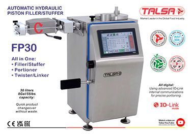 A picture of a machine that says automatic hydraulic piston filler stuffer fp30