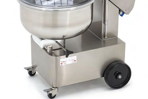 A stainless steel mixer with wheels on a white background