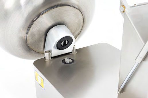 A close up of a stainless steel mixer on a white background.