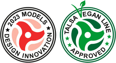 A red and green logo that says 2023 models design innovation talsa vegan line approved