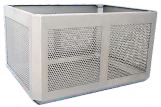 A white metal box with holes in it on a white background.