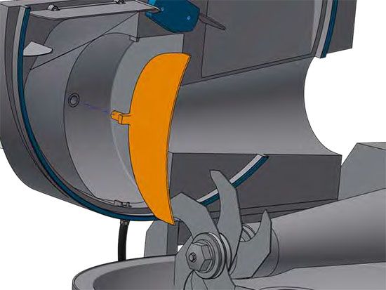 A drawing of the inside of a machine with a yellow blade.