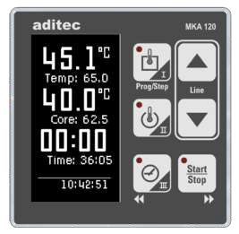 A digital display shows the temperature and time of a machine.