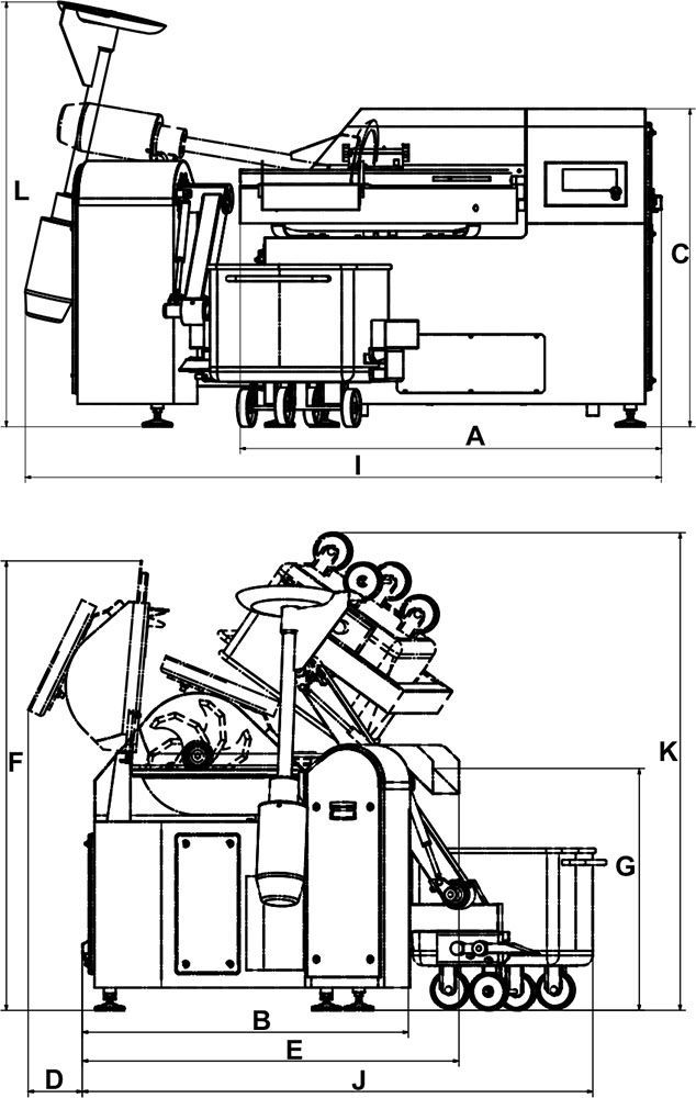 A black and white drawing of a machine with measurements