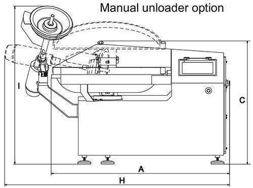 A black and white drawing of a machine with measurements.