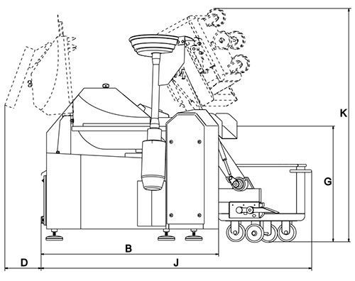 A black and white drawing of a machine with measurements