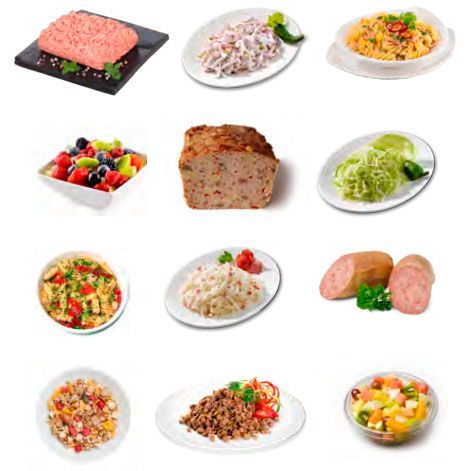 A collage of different types of food on a white background