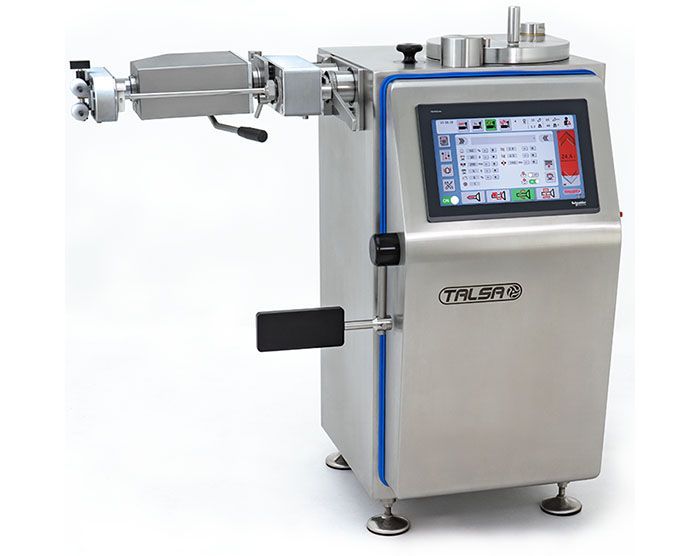 A stainless steel machine with a touch screen and the word trust on it