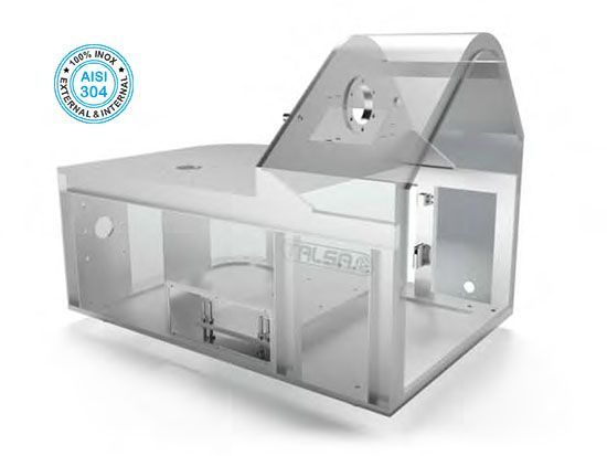 A clear acrylic box with a stainless steel roof