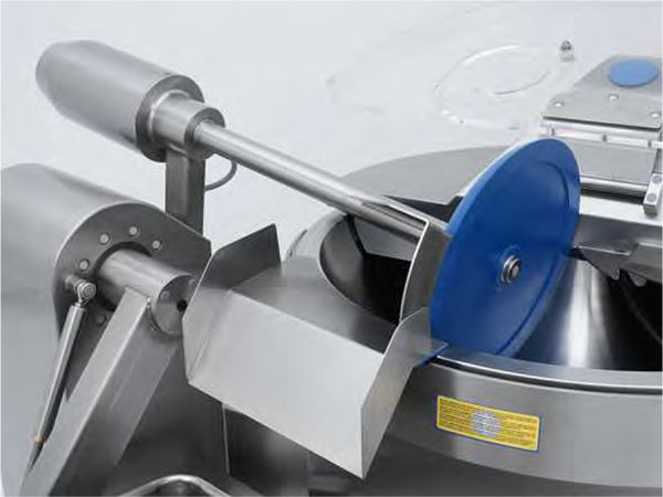 A close up of a stainless steel machine with a blue lid