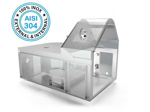 A stainless steel box with a logo that says ' aisi 304 external & internal '