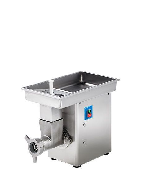 A stainless steel meat grinder is sitting on a white surface.