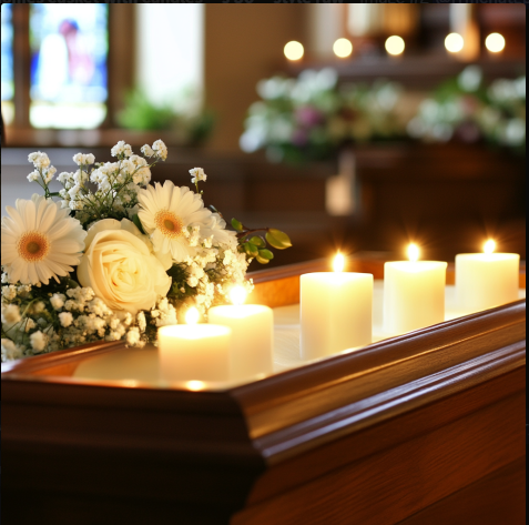 Casket with white flowers and lit candles during a memorial service in Los Alamitos, CA.