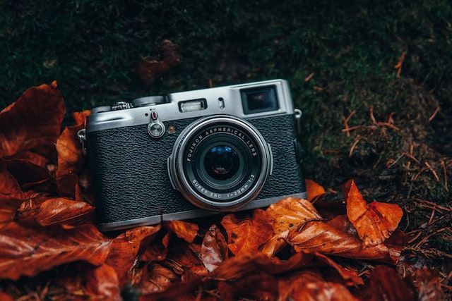 Vintage camera resting on autumn leaves in Los Alamitos, CA