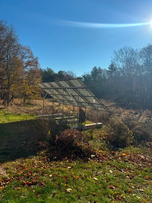 A row of solar panels are sitting on top of a lush green field.