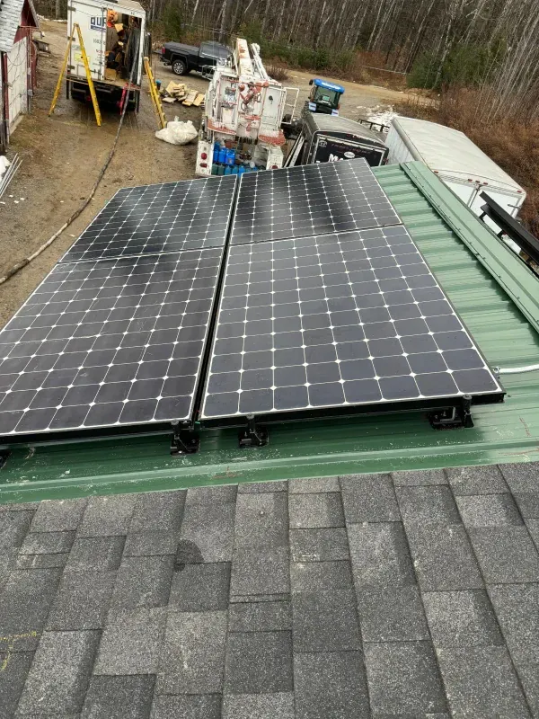 Two solar panels are sitting on top of a green roof.