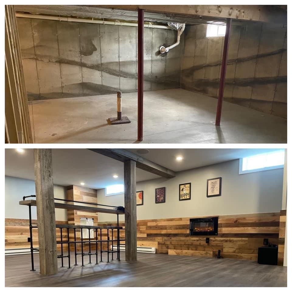 A before and after photo of a basement remodel.