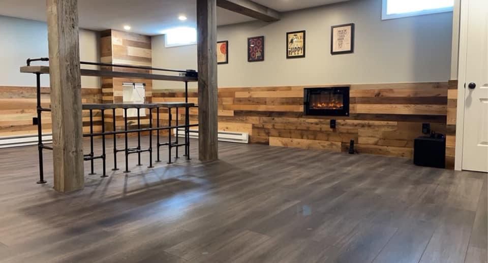 There is a fireplace in the middle of the room.