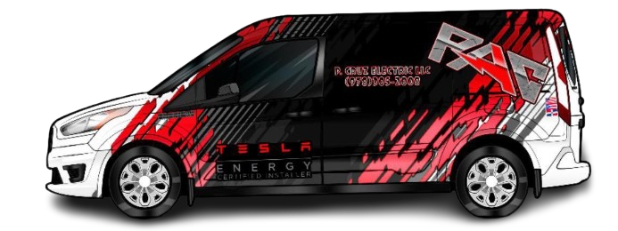 A red and black van with a logo on the side is on a white background.