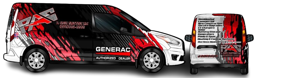A red and black van is parked next to another van on a white background.