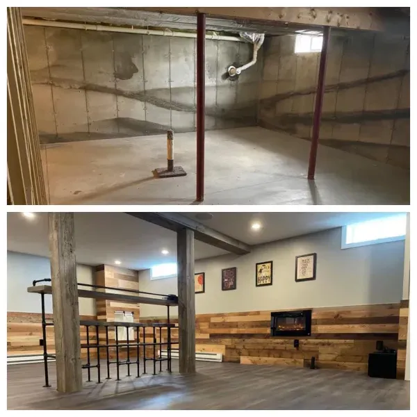 A before and after photo of a basement with a fireplace.