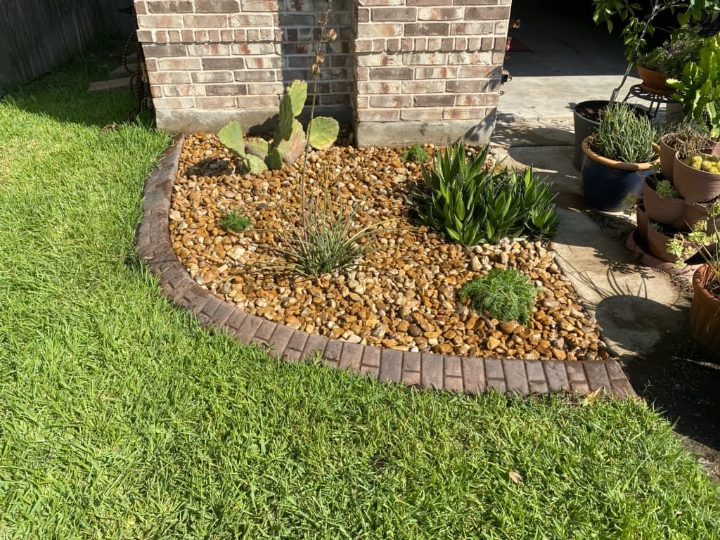 Landscaped garden bed with brick edging and rock mulch, containing plants near a brick wall.