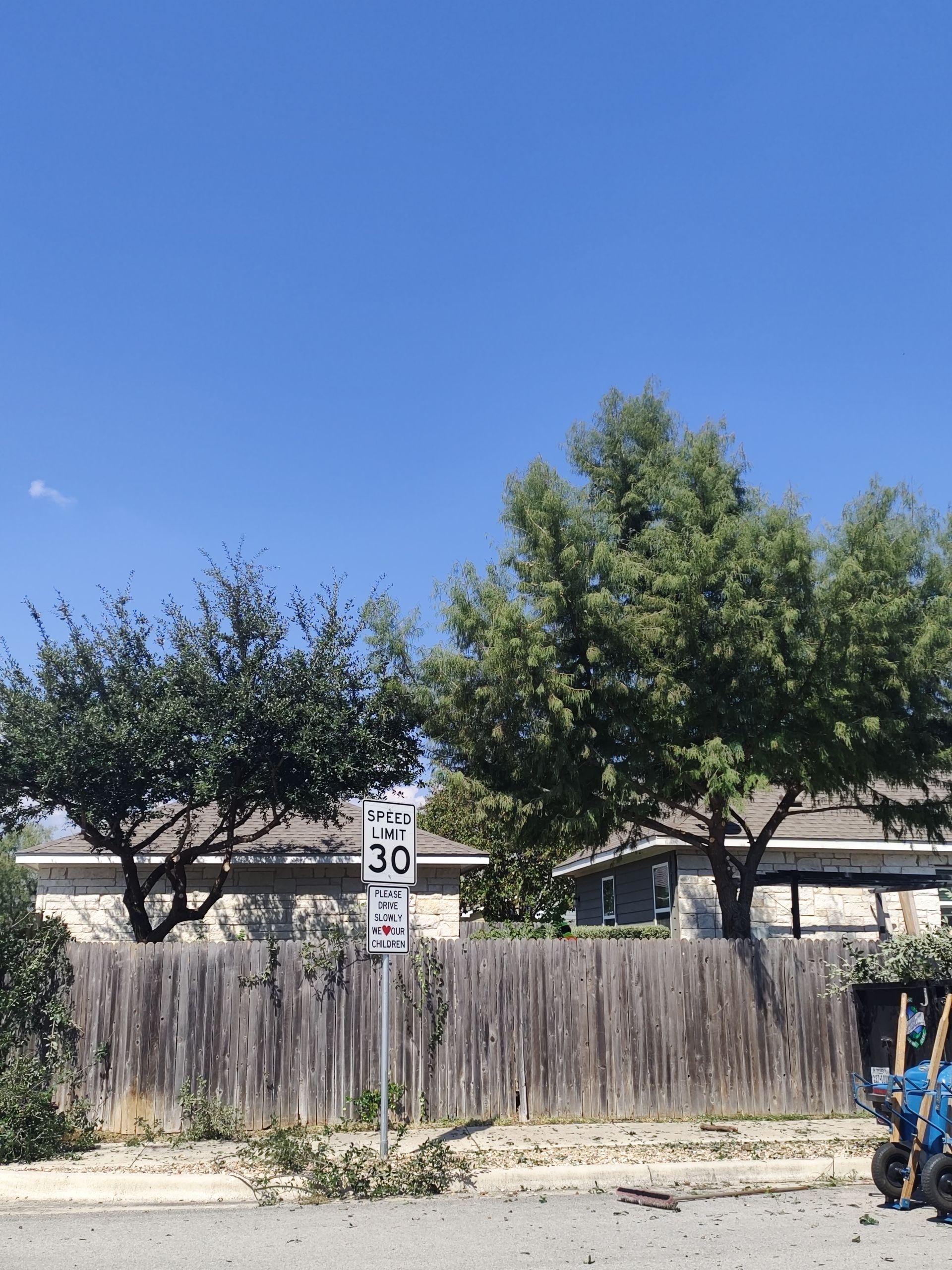 Wooden fence in front of a street. A 30 mph speed limit sign is visible. Two trees are behind the fence under a blue sky.