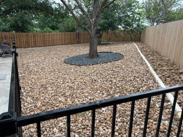 A tree is in the middle of a gravel yard behind a fence.