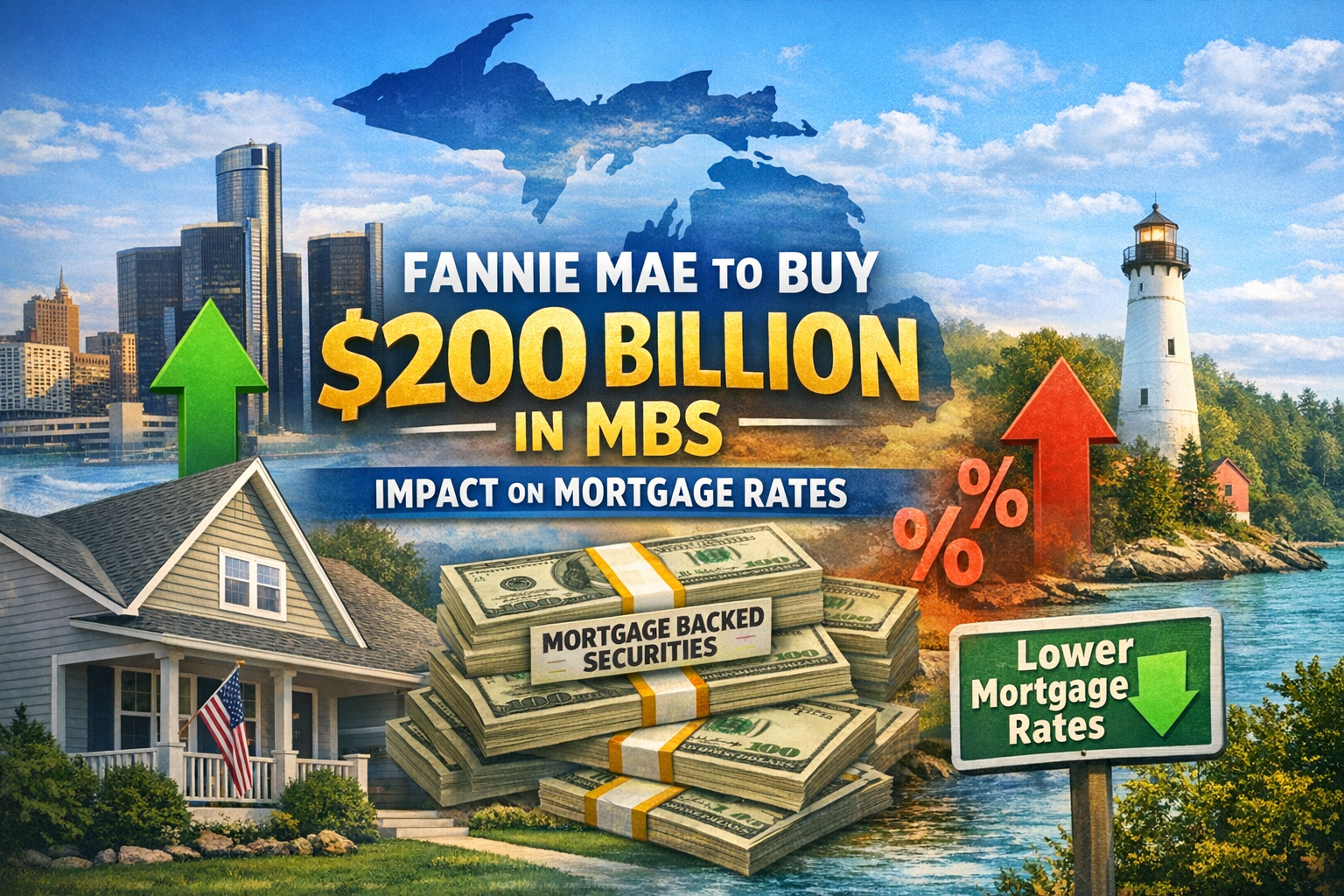 Graphic showing “Fannie Mae to buy $200 billion in MBS” and “Impact on mortgage rates” with Michigan