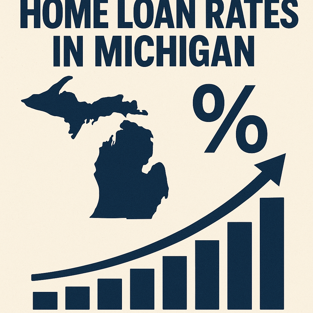 Infographic showing Michigan map, percentage symbol, and upward trend graph representing home loan r