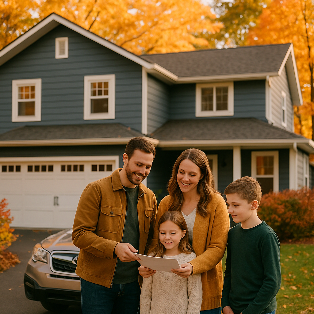Michigan family exploring home equity loan options in front of their home during autumn.