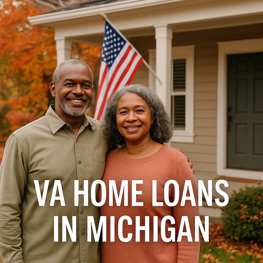 Michigan veteran couple standing proudly in front of their home with American flag and fall colors.