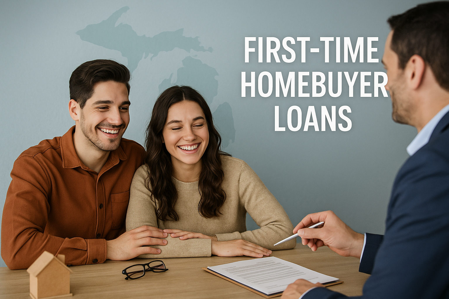 First-time homebuyers in Michigan discussing mortgage options with their advisor.