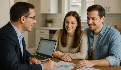 Couple meeting with a financial advisor in their Clarkston, Michigan home to align their mortgage wi