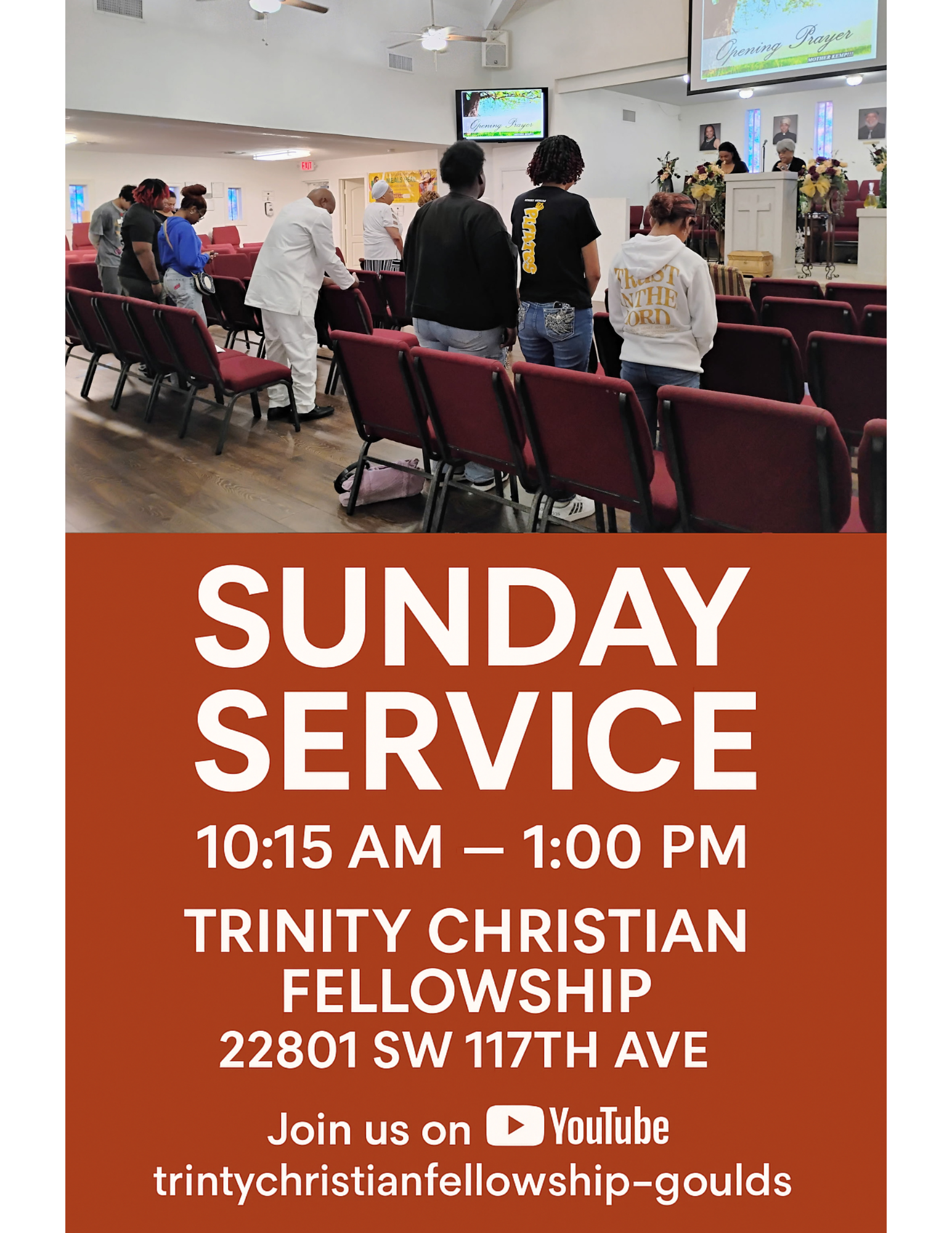 A poster for sunday service at trinity christian fellowship