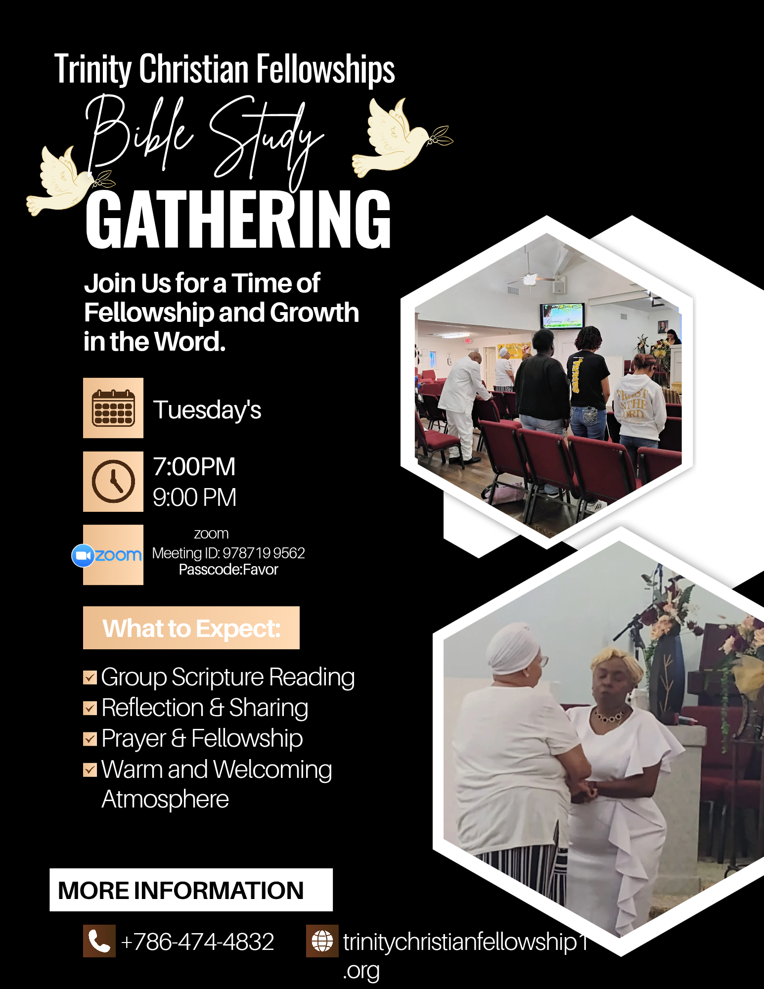 A poster for trinity christian fellowships bible study gathering.