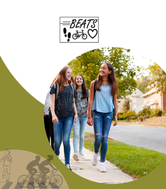 A group of people walking down a sidewalk with the words beats written on the bottom