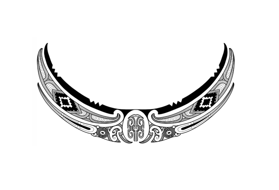 A black and white drawing of a necklace on a white background.