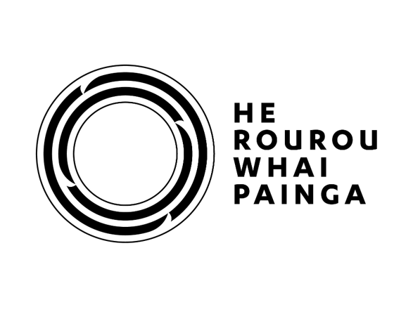 A black and white logo for he rourou whai painga